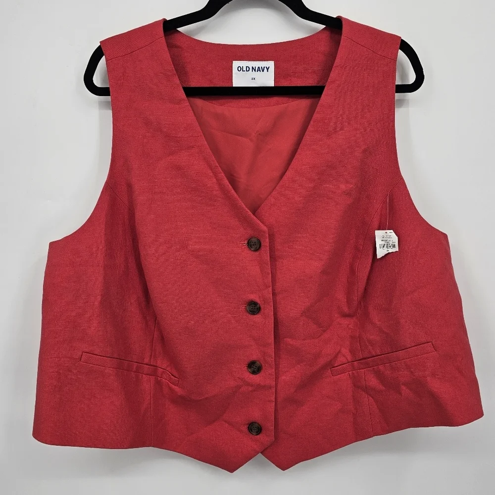 Old Navy Red Linen Blend Button Front Vest Plus Size 2X - Picture 2 of 5